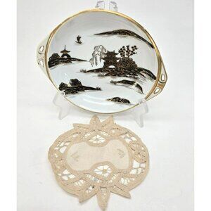 Nippon Japanese Porcelain Serving Bowl With Gold & Black Landscape & Doilie je17